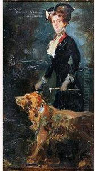 Retrato De Dama Con Perro Oil Painting by Julio Vila y Prades