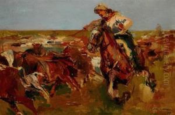 Jinete A Caballo Y Ganado En La Pampa Oil Painting by Julio Vila y Prades