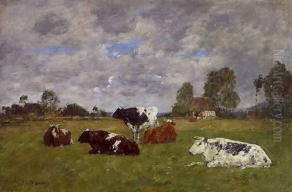 Cows in a Pasture Oil Painting by Eugene Boudin