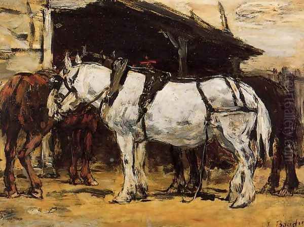 Harnessed Horses Oil Painting by Eugene Boudin