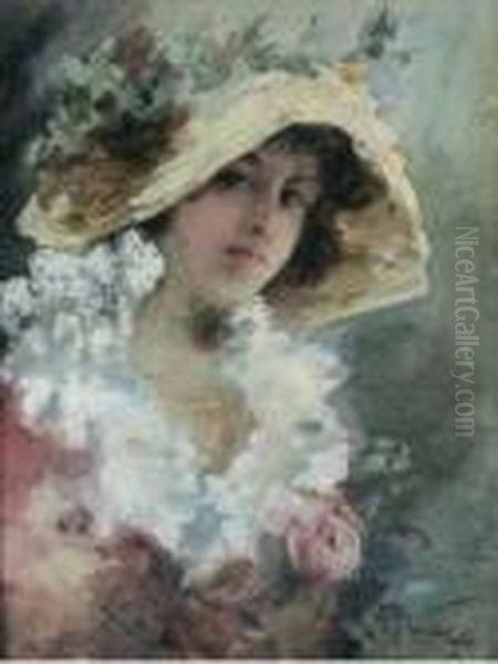 Donna Con Cappello Oil Painting by Aleardo Villa