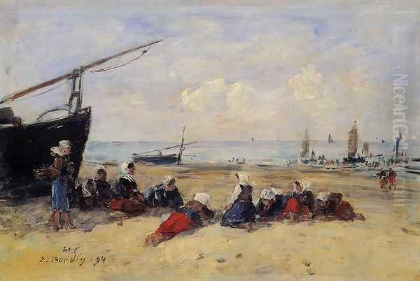 Berck, Fisherwomen on the Beach, Low Tide Oil Painting by Eugene Boudin