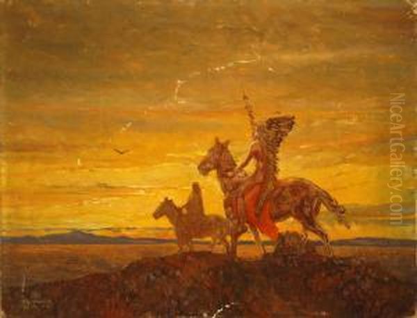 Indians On Horseback At Sunset by Hernando Gonzallo Villa