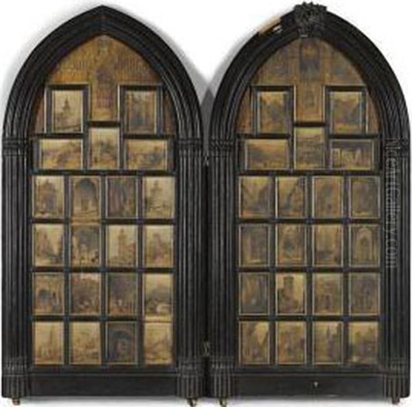 42 Views Of Spanish Towns Including Toledo, Seville, Cordoba,oviedo And Granada, Mounted In A 19th Century Ebonised Gothictwo-fold Screen Oil Painting by Genaro Perez Villaamil Y Duguet