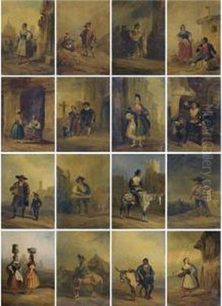 Sixteen Costumbrista Scenes With Spanish Folkloric Types Oil Painting by Genaro Perez Villaamil Y Duguet