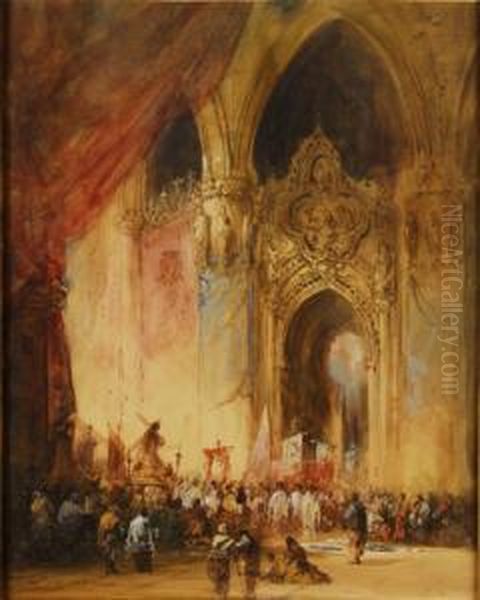 Procesian En El Interior De Un Templo. Oil Painting by Genaro Perez Villaamil Y Duguet