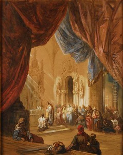 Misa En El Interior De Un Templo Oil Painting by Genaro Perez Villaamil Y Duguet