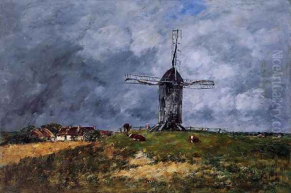 Cayeux, Windmill in the Countryside, Morning Oil Painting by Eugene Boudin