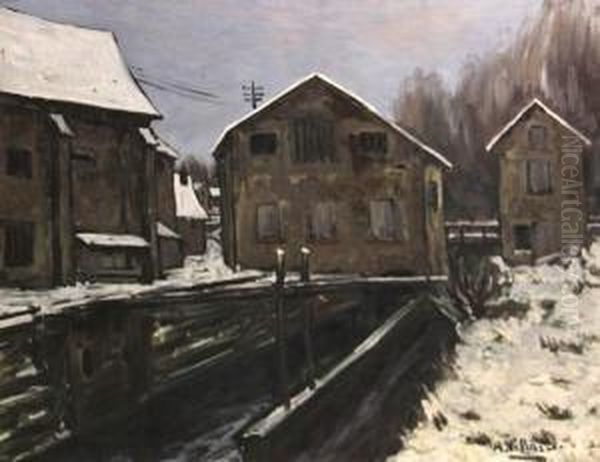 View Of A Canal And Mill In The Snow Oil Painting by Antoine Villard