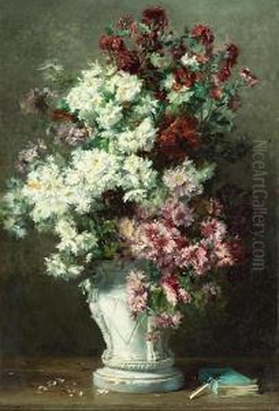 A Still Life Of Chrysanthemums In An Urn Oil Painting by Jenny Villebesseyx