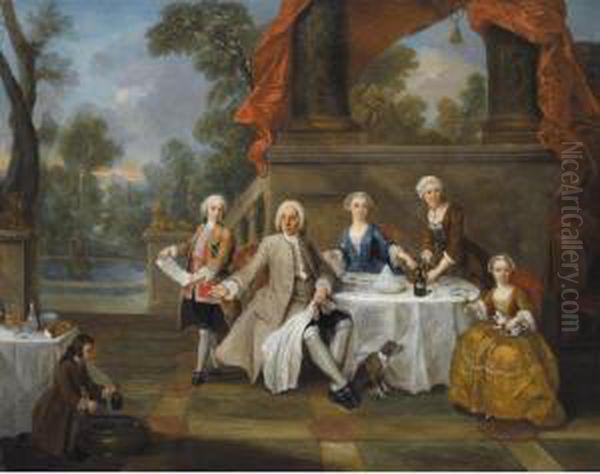 Elegant Family At Lunch In Their Garden Oil Painting by Pierre Villebois