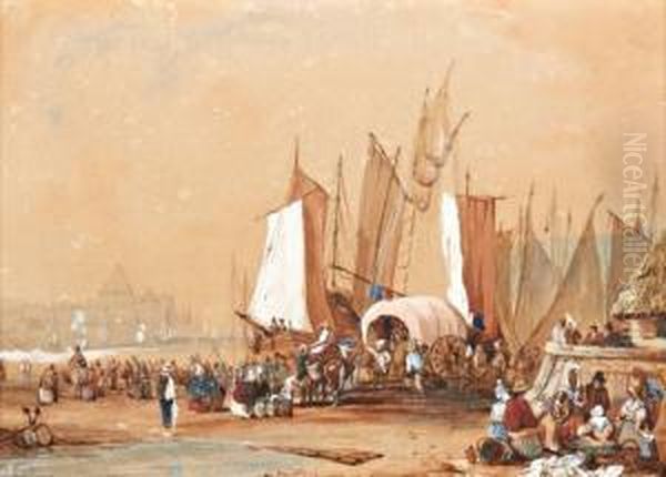 Visverkoop In De Haven Oil Painting by Jules Louis Frederic Villeneuve