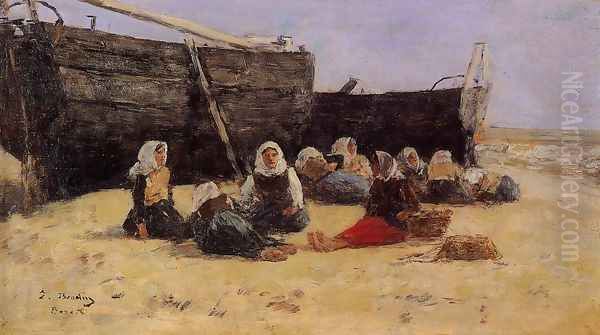 Fishwomen Seated on the Beach at Berck Oil Painting by Eugene Boudin