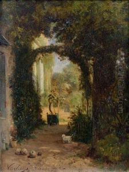 Une Allee Ombragee Devant Une Maison Oil Painting by Leon Villevielle