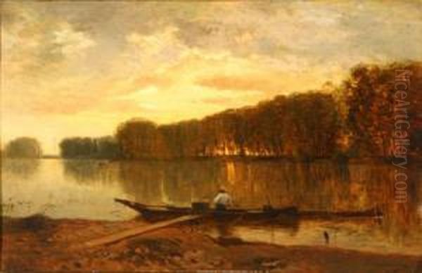 A Rower Casting-off, Early Morning Oil Painting by Leon Villevielle