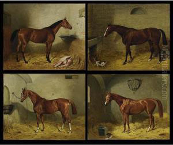 A Set Of Four Paintings Of Horses; Indienne, Conception, Chelsea And Awor Oil Painting by Emile Villiers De L'Isle-Adam