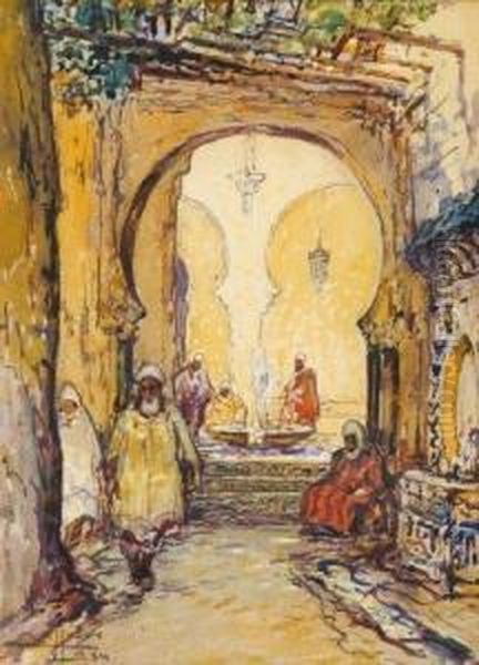 Porte Sur Cour Interieure Au Maghreb Oil Painting by Eugene Villon