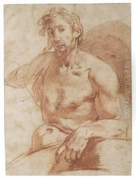 A Seated Male Nude Oil Painting by Carlo Vimercati