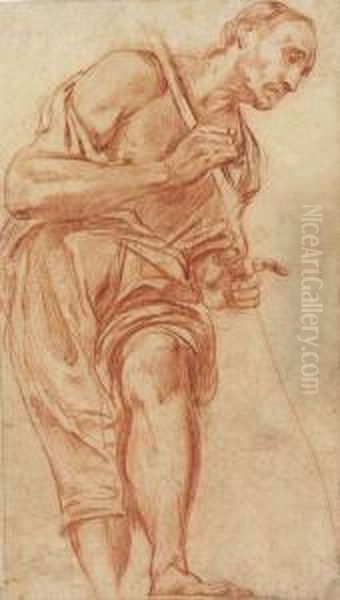 Study Of A Standing Man, Holding A Staff, Seen From Below Oil Painting by Carlo Vimercati