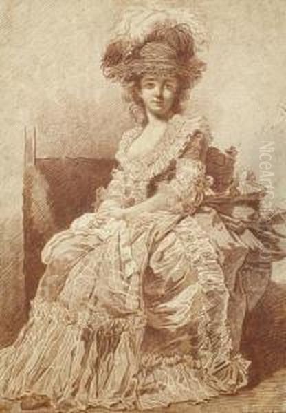 Portrait Of Madame Bergeret, Full-length, Seated In A Chair, Wearing A Feathered Hat Oil Painting by Francois-Andre Vincent