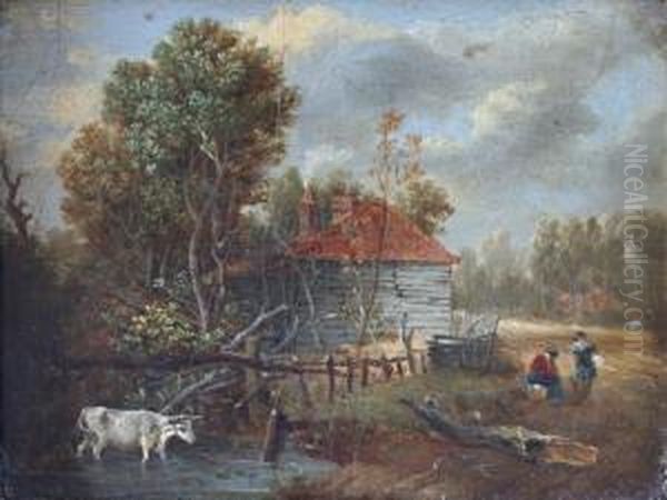 Figures By A Cottage, A Cattle Watering In A Country Pool Oil Painting by George Vincent