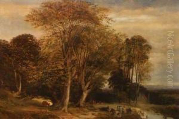 Wooded River Landscape With Cattle Oil Painting by George Vincent