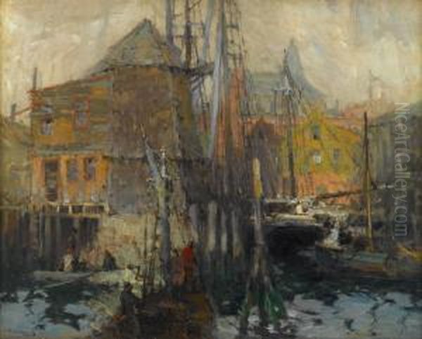 A Busy Harbor Oil Painting by Harry Aiken Vincent