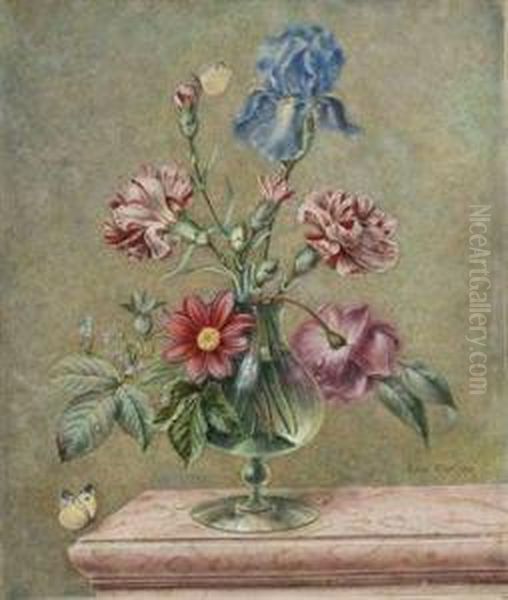 Iris Bleus, Roses Et Narcisses Dans Un Vase Pose Sur Un Entablement De Marbre Oil Painting by Henriette-Antoinette Vincent