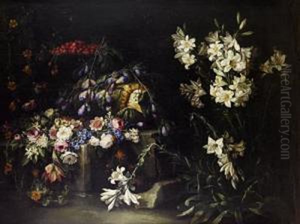 A Still Life Of Lilies, Roses, Tulips Andother Flowers With A Split Melon And A Bowl Of Strawberries Uponruined Stonework Oil Painting by Giuseppe Vincenzino