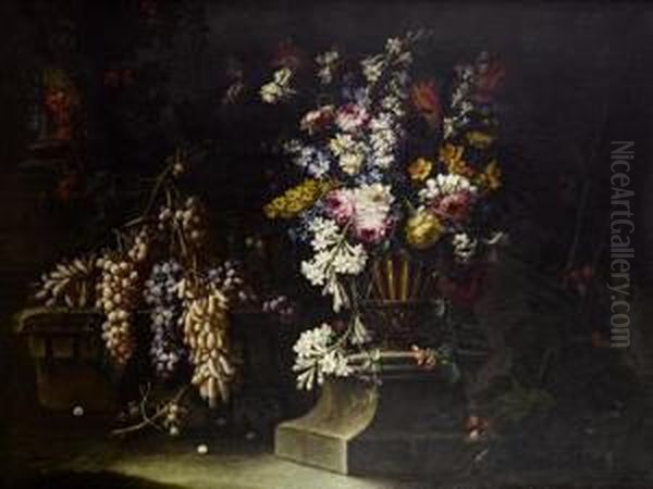 A Still Life Of Grapes Upon Ruined Stonework,with Jasmine, Peonies And Other Flowers In An Urn Oil Painting by Giuseppe Vincenzino