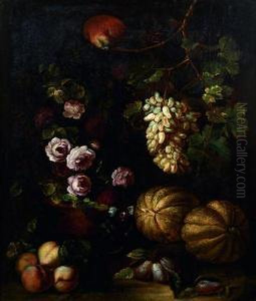 Singe Et Perroquet Au Milieu D'une Nature 
Morte De Fruits Et De Fleurs Oil Painting by Giuseppe Vincenzino