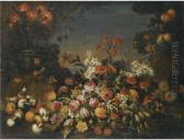 A Forest Floor Still Life With An Array Of Flowers, Fruit Andmushrooms Oil Painting by Giuseppe Vincenzino