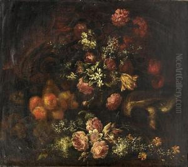 Peaches And Pears With Roses, Jasmine, Carnations And Other Flowers On A Ledge Beside A Dove Oil Painting by Giuseppe Vincenzino