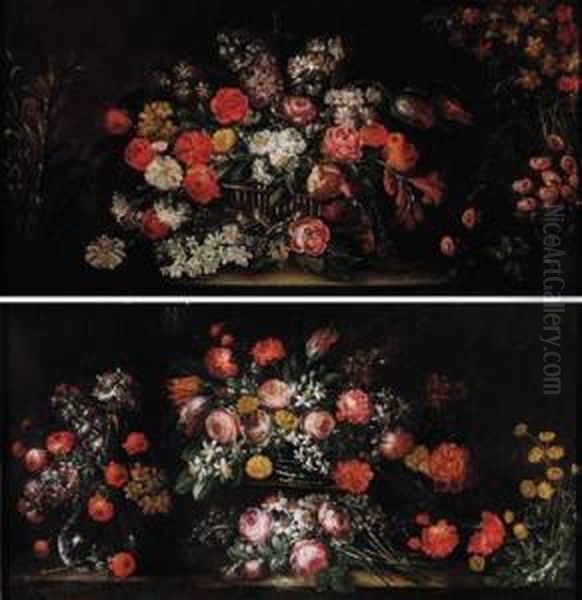 Coppia Di Nature Morte Con Fiori Oil Painting by Giuseppe Vincenzino