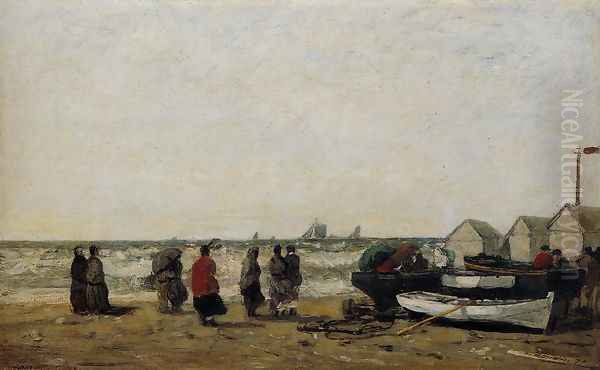 Women on the Beach, Rough Seas Oil Painting by Eugene Boudin