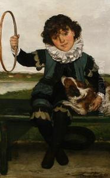 Portrait Of A Boy With A Cavalier King Charlesspaniel And Hoop Oil Painting by Frans Vinck