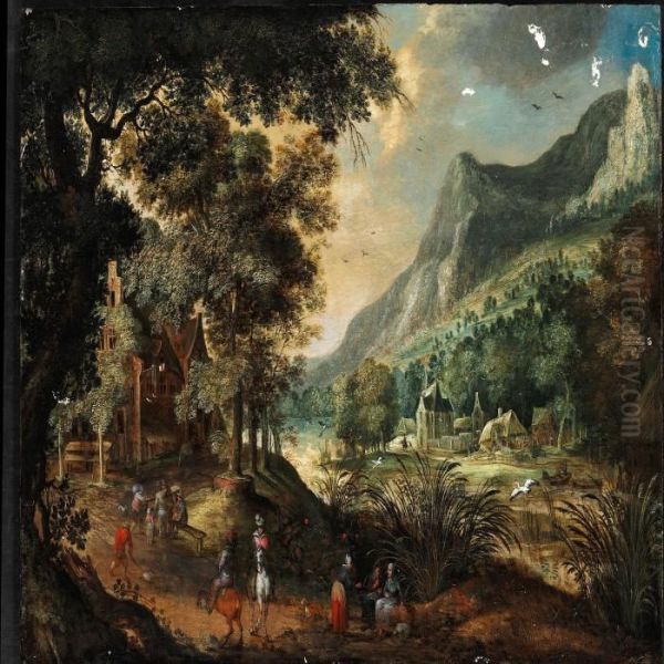 Landscape With Figures Near A River Oil Painting by David Vinckboons