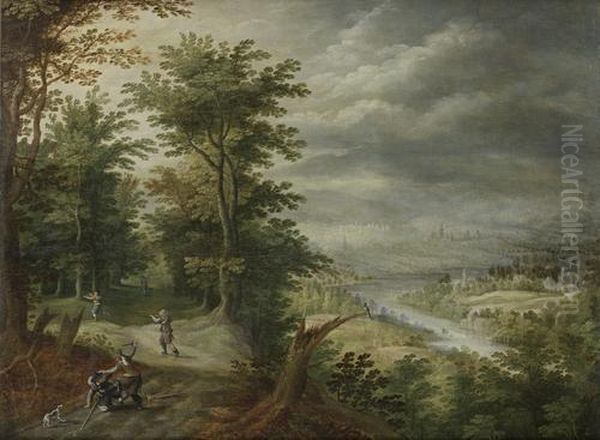 Bandits Attacking Travellers In A Wood, An Open River Landscape In The Distance Oil Painting by David Vinckboons