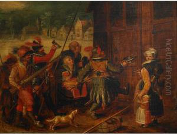 Spanish Soldiers And Village Onlookers Ousting A Tenant In Medieval Flanders Oil Painting by Johannes Vinckeboons