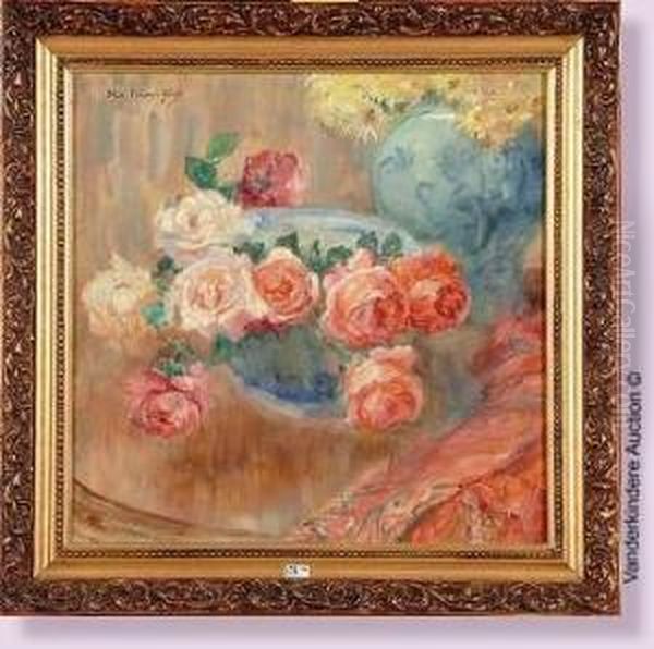 Le Bol De Roses Et Les Chrysanthemes D'ete Oil Painting by Flore Vindevogel-Geleedts