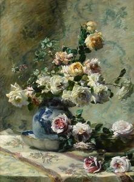 Roses Cascading From A China Vase Into A Bowl Oil Painting by Flore Vindevogel-Geleedts