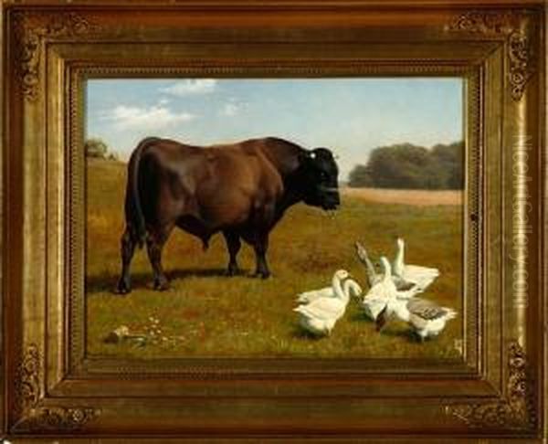 A Flock Of Geese Cackle Near A Bull Oil Painting by Einar Vindfeldt