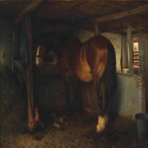 Interior From A Stable With Horse And Fowls by Ejnar Vindfelt