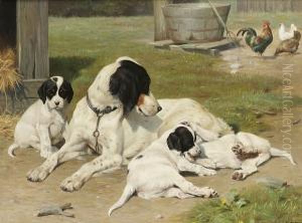 An English Setter And Pups In A Sunny Yard by Ejnar Vindfelt