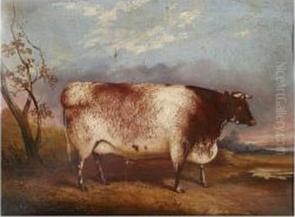 Bull Before A Landscape Oil Painting by John Vine Of Colchester