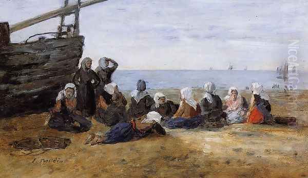 Berck, Group of Fishwomen Seated on the Beach Oil Painting by Eugene Boudin