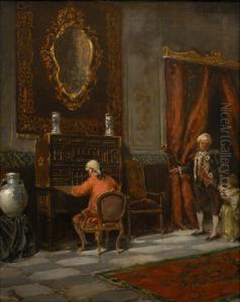 Escena De Interior Con Caballero Ante Un Bargueno Oil Painting by Salvador Viniegra Y Lasso