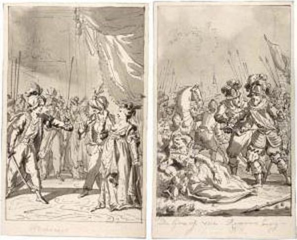 Two Theatrical Illustrations: A) De Graaf Van Rennenberg, B) Palmira Stabbing Herself With The Knife Of Seid Oil Painting by Reinier Vinkeles