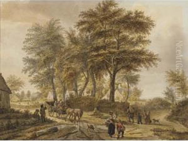 Landscape With Peasants, Cottages And Horse And Cart Oil Painting by Reinier Vinkeles