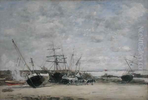 Vessels and Horses on the Shoreline Oil Painting by Eugene Boudin